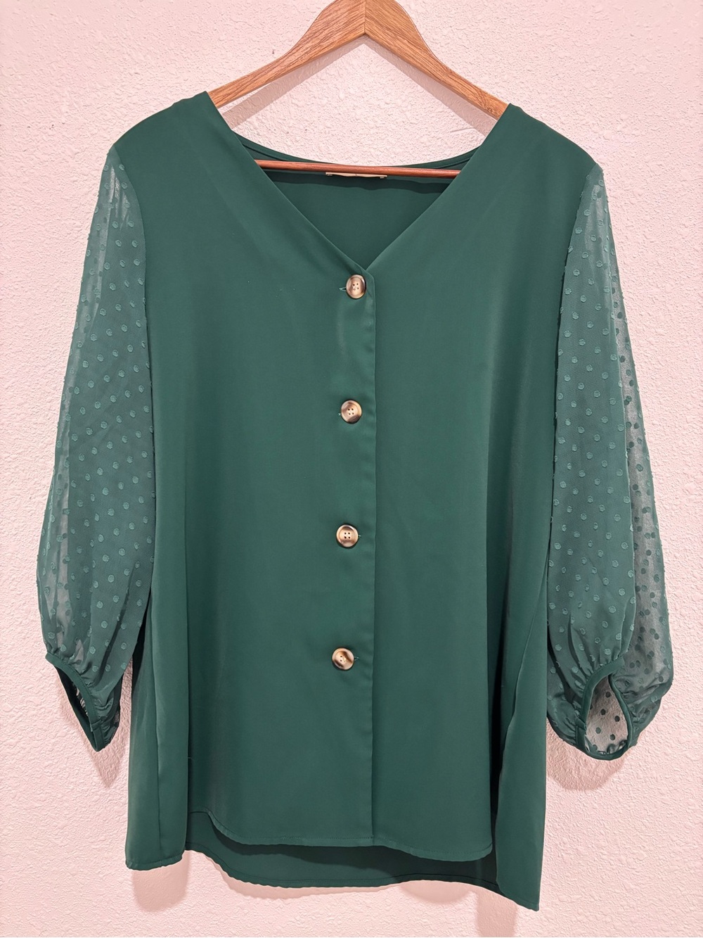 V-Neck Emerald Green Button Front Blouse with Sheer Dot Sleeves